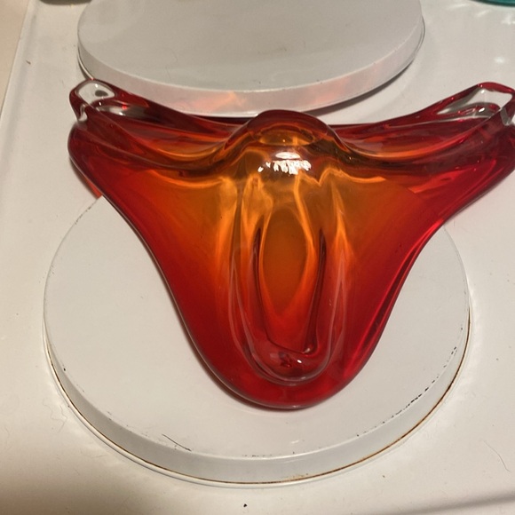 VTG Murano Venetian Art Glass Bowl Ashtray Footed Red Amber Yellow MCM - Picture 2 of 3